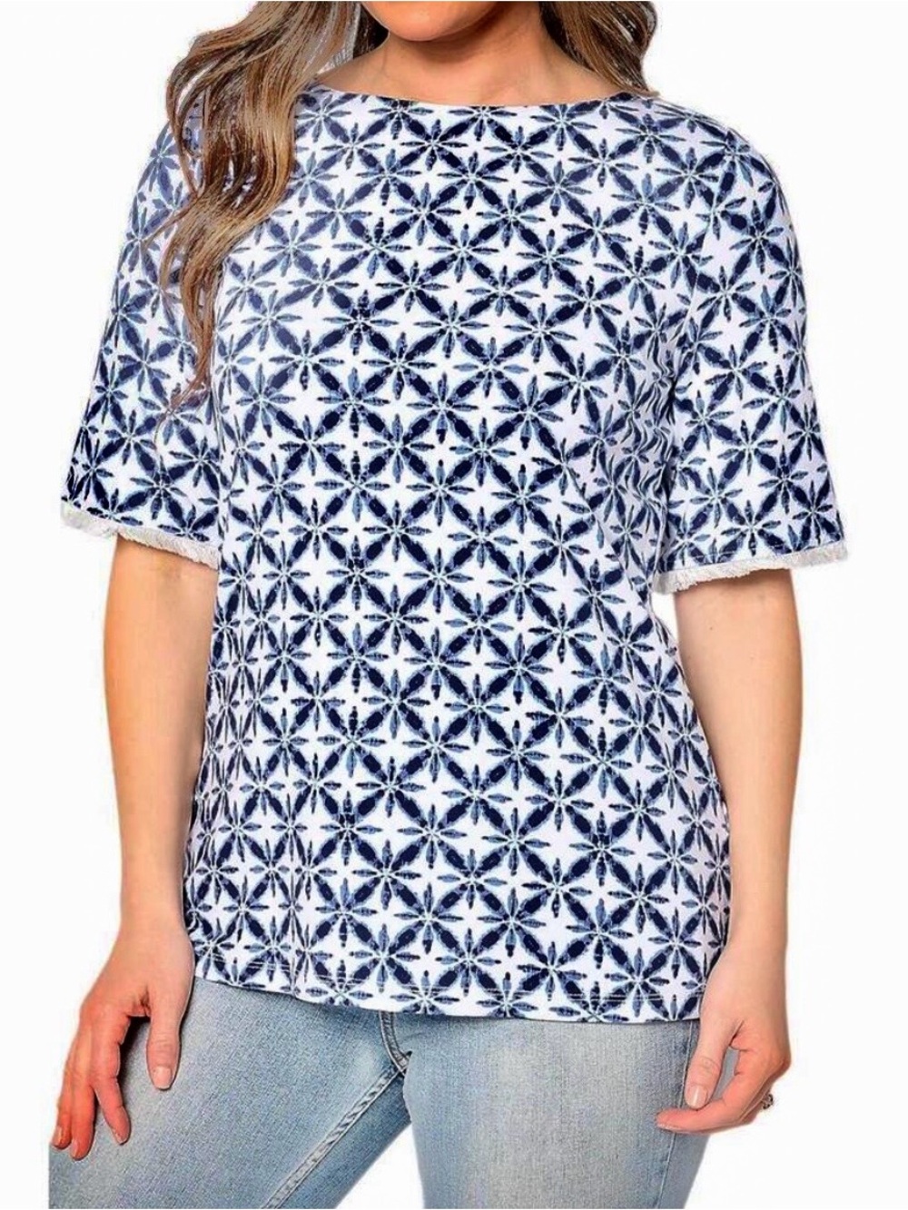 Denim & Co Navy & White Print Jersey Knit Boat Neck Top Size Medium